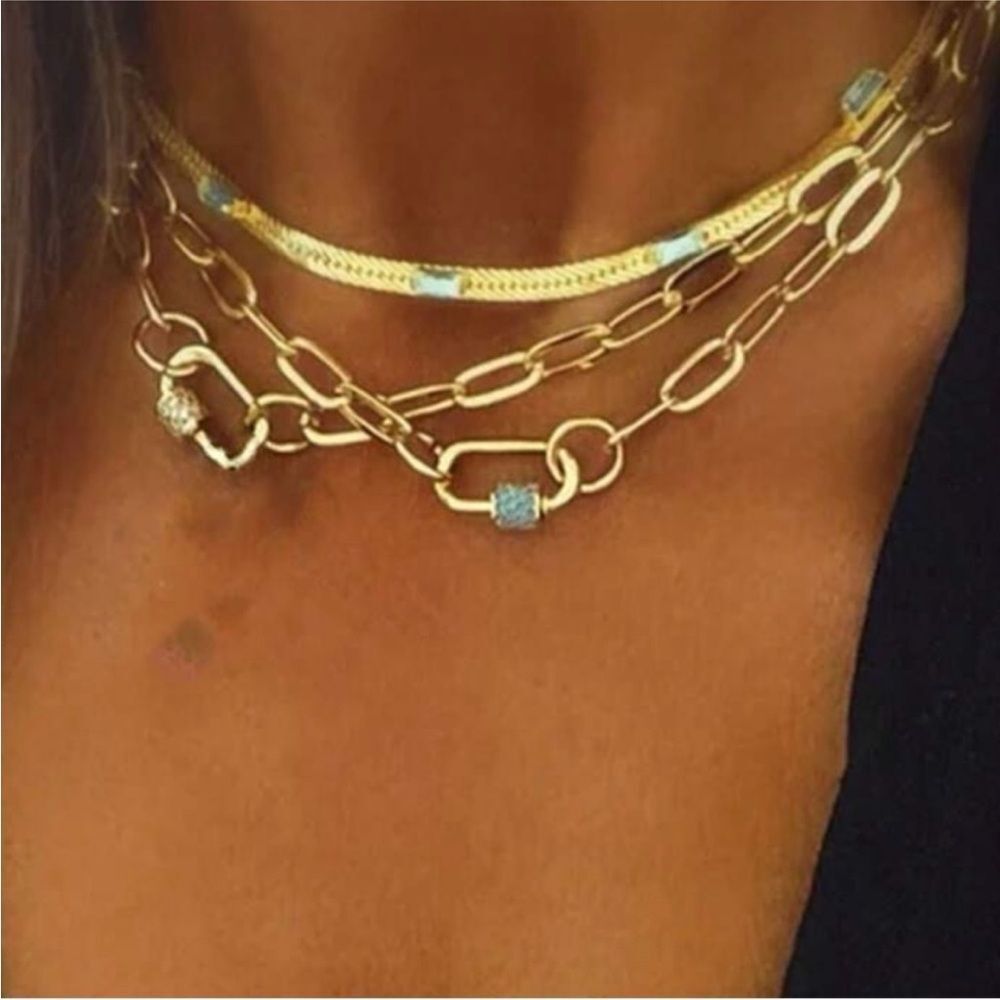 Gold Chain Necklace with Blue Accent N951 - Picture 2 of 5